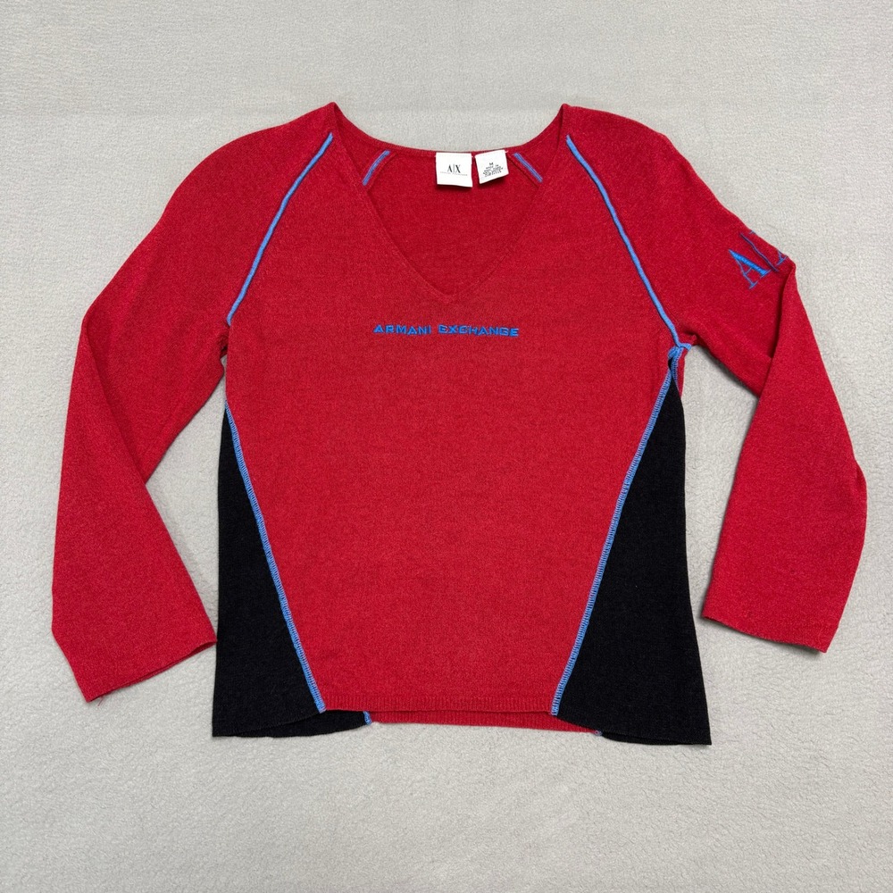 Armani Exchange Sweater Womens Medium Red Black V-Neck Y2K Vintage